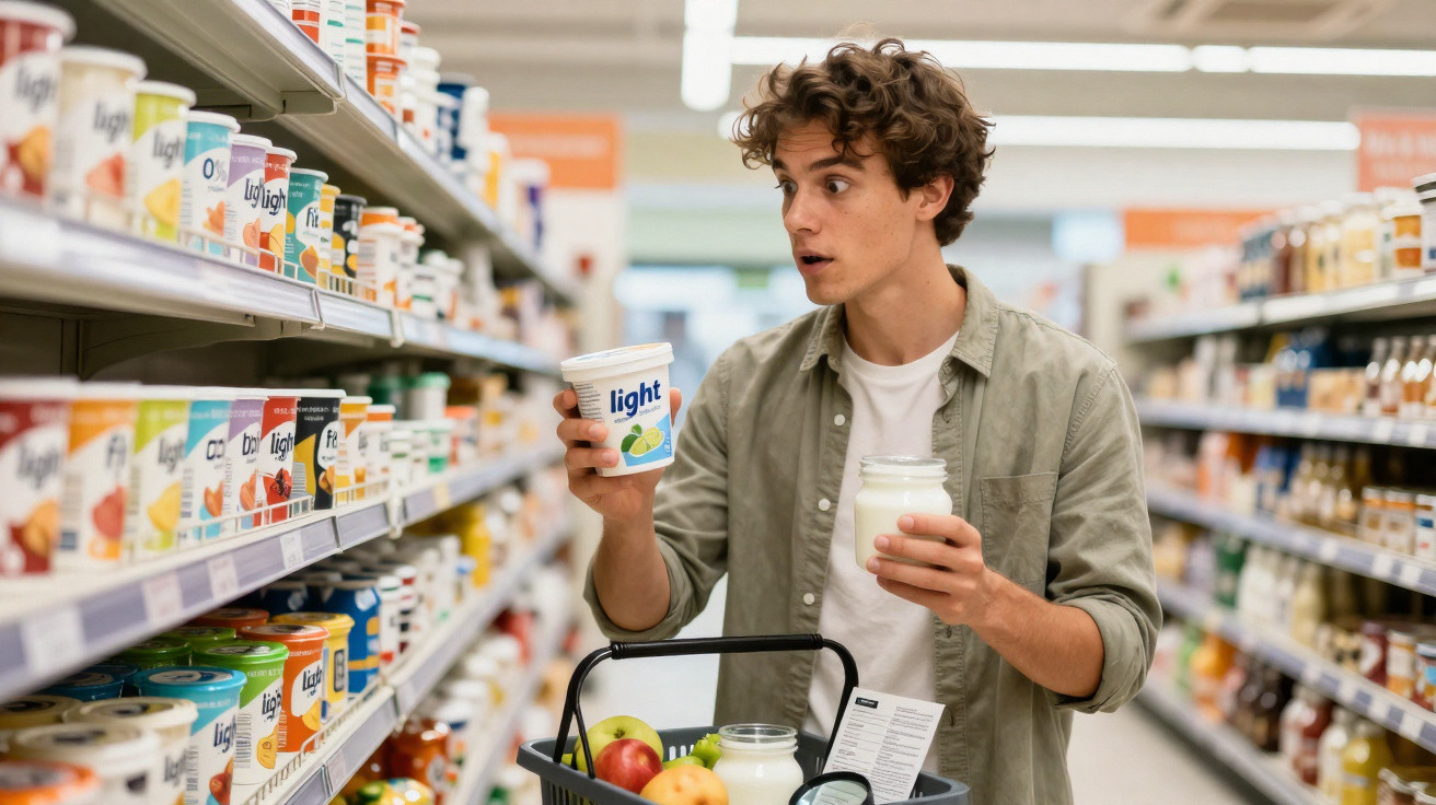 Jovem surpreendido compara dois iogurtes light no supermercado com cesto de compras na mão.