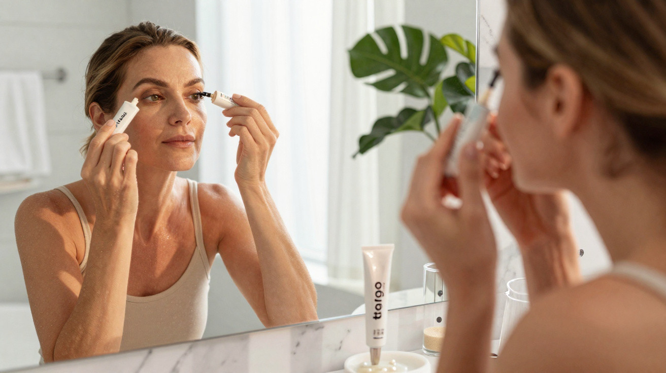Mulher a aplicar creme facial junto a espelho numa casa de banho com produtos de cuidado de pele na bancada.