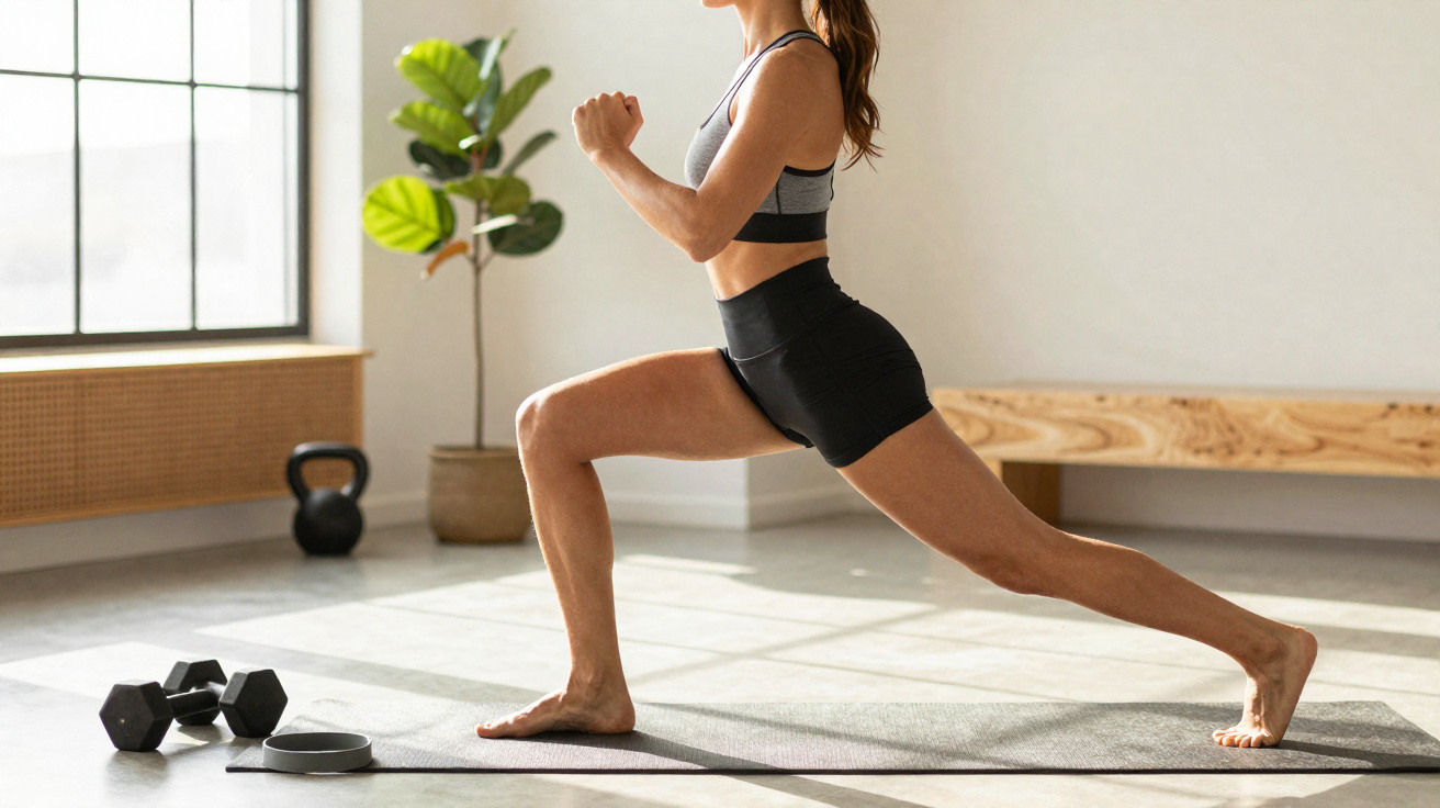 Mulher a fazer alongamento em tapete de yoga, com halteres e kettlebell ao lado, em sala iluminada.