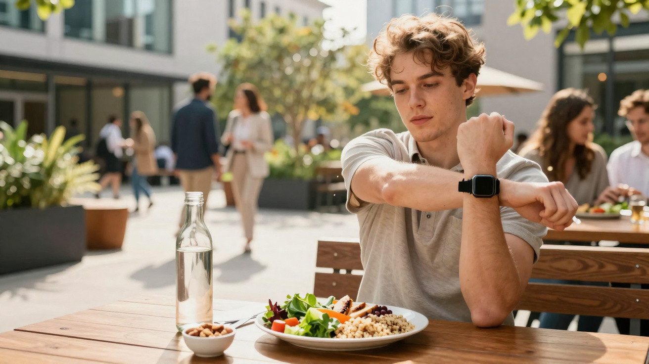 Homem a fazer alongamento num exterior com prato de comida saudável à frente numa mesa de madeira.