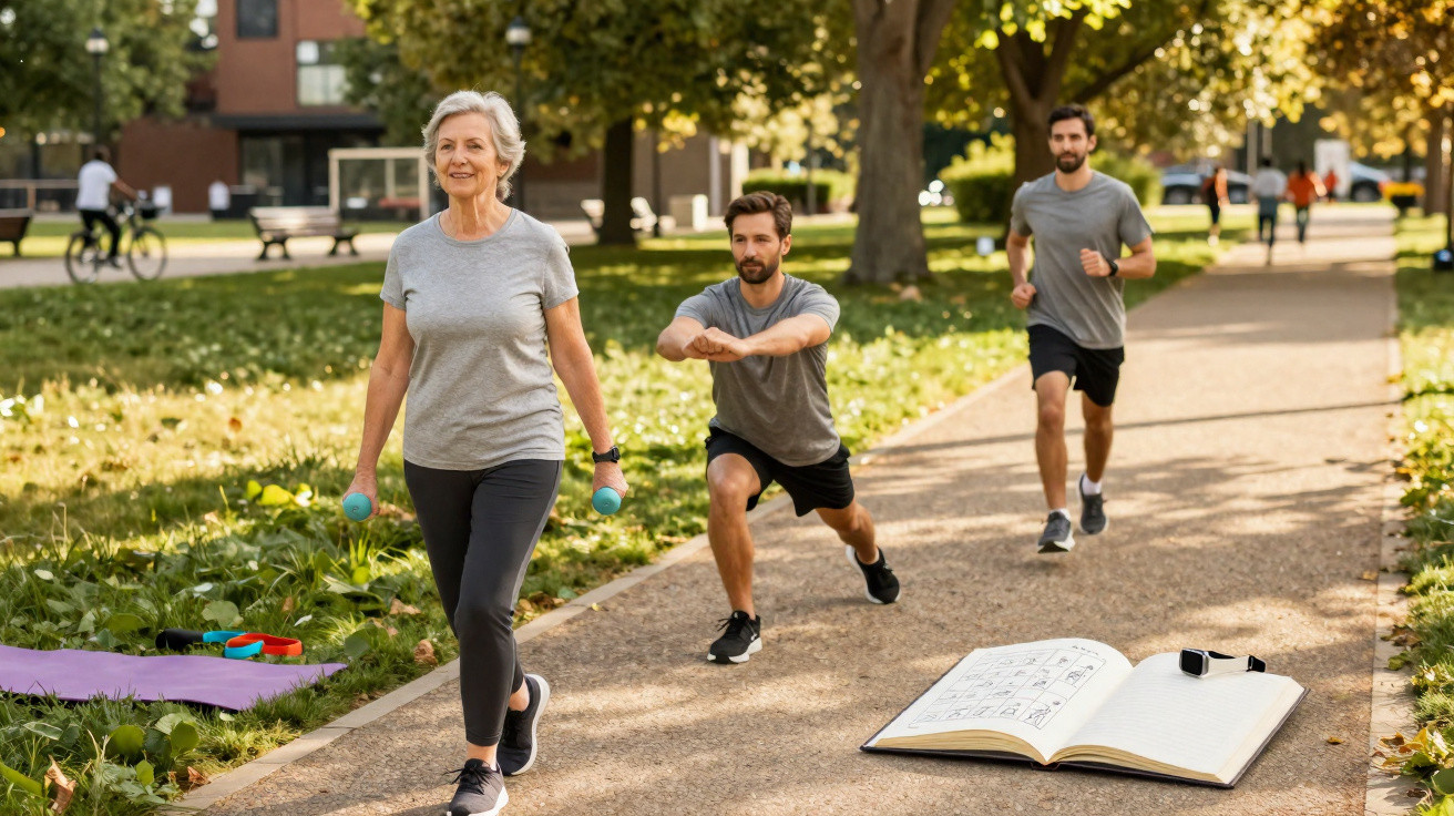 Sénior a caminhar com pesos num parque, enquanto homem faz exercício e outra pessoa corre ao fundo.