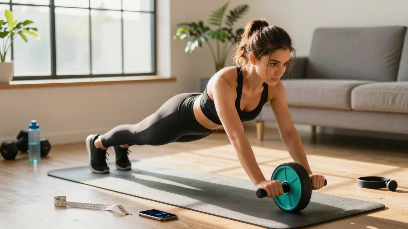 Mulher a fazer prancha com roda de exercício numa sala com tapete, plantas e sofá ao fundo.