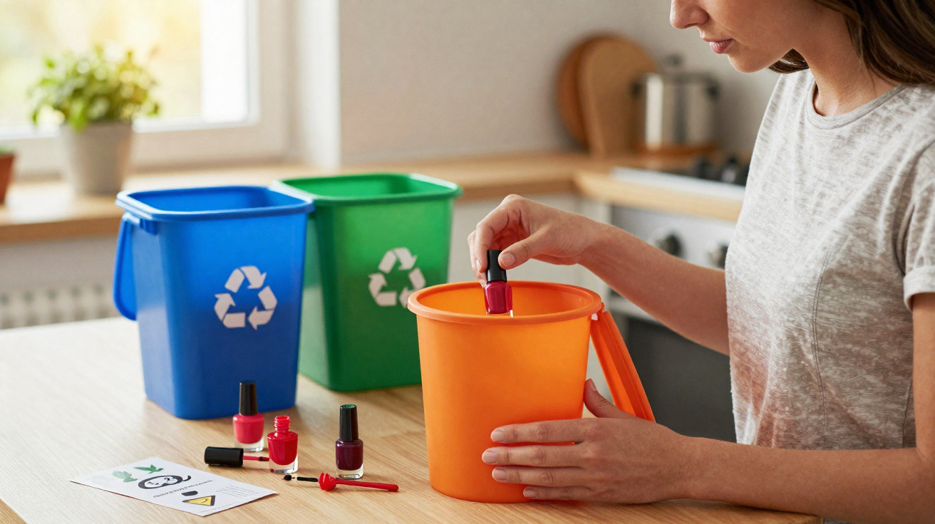 Pessoa a descartar vernizes em recipiente para resíduos perigosos, com caixotes de reciclagem ao fundo.