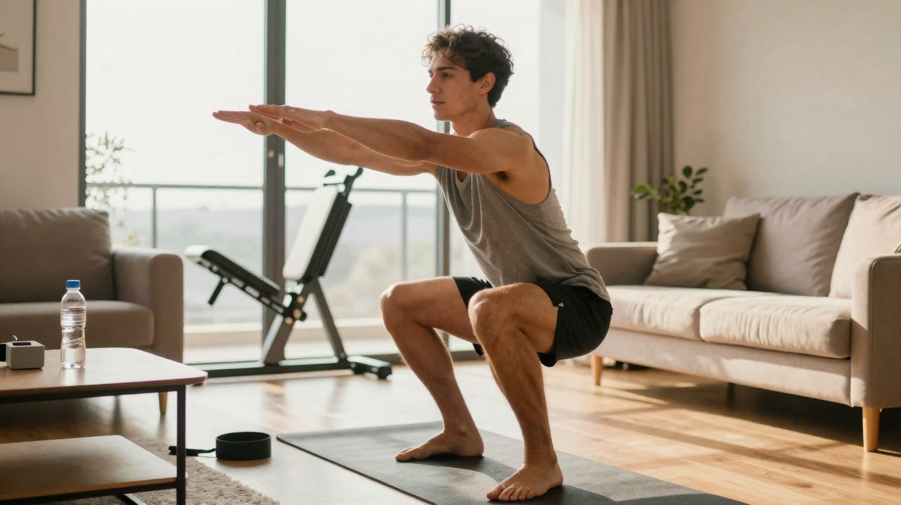 Homem a fazer agachamentos num tapete de yoga numa sala de estar luminosa e moderna.