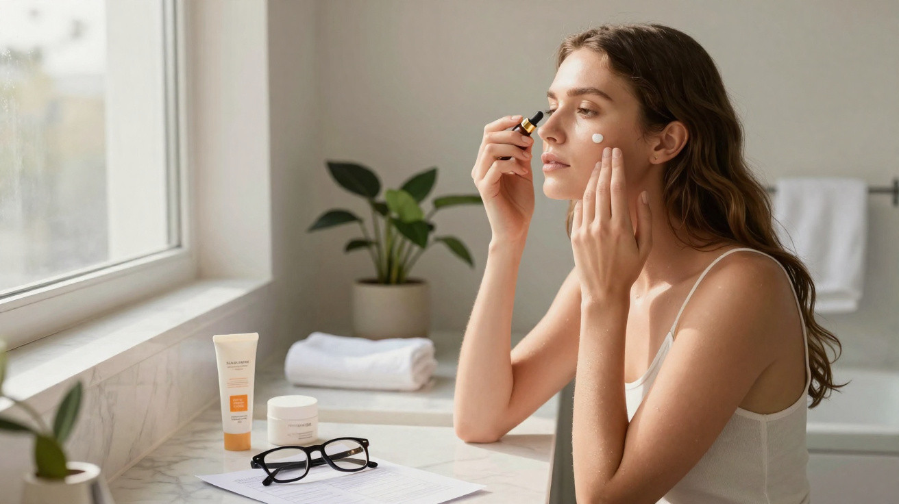 Mulher a aplicar sérum facial no rosto junto a uma pia com produtos de cuidado da pele e espelho.