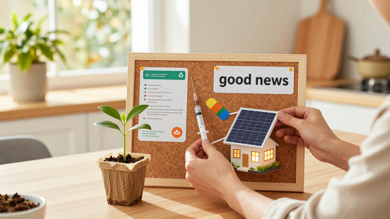 Pessoa segura seringa e imagem de casa com painéis solares junto a planta em vaso numa mesa interior iluminada.