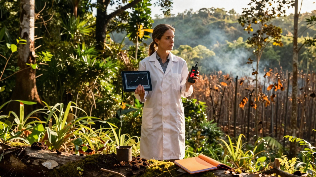 Mulher cientista em bata branca segura tablet e rádio a monitorizar floresta em processo de recuperação.