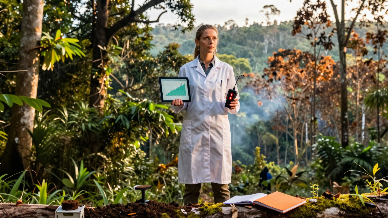 Mulher cientista em bata branca segurando tablet e rádio junto a área florestal com plantas e fumo ao fundo.