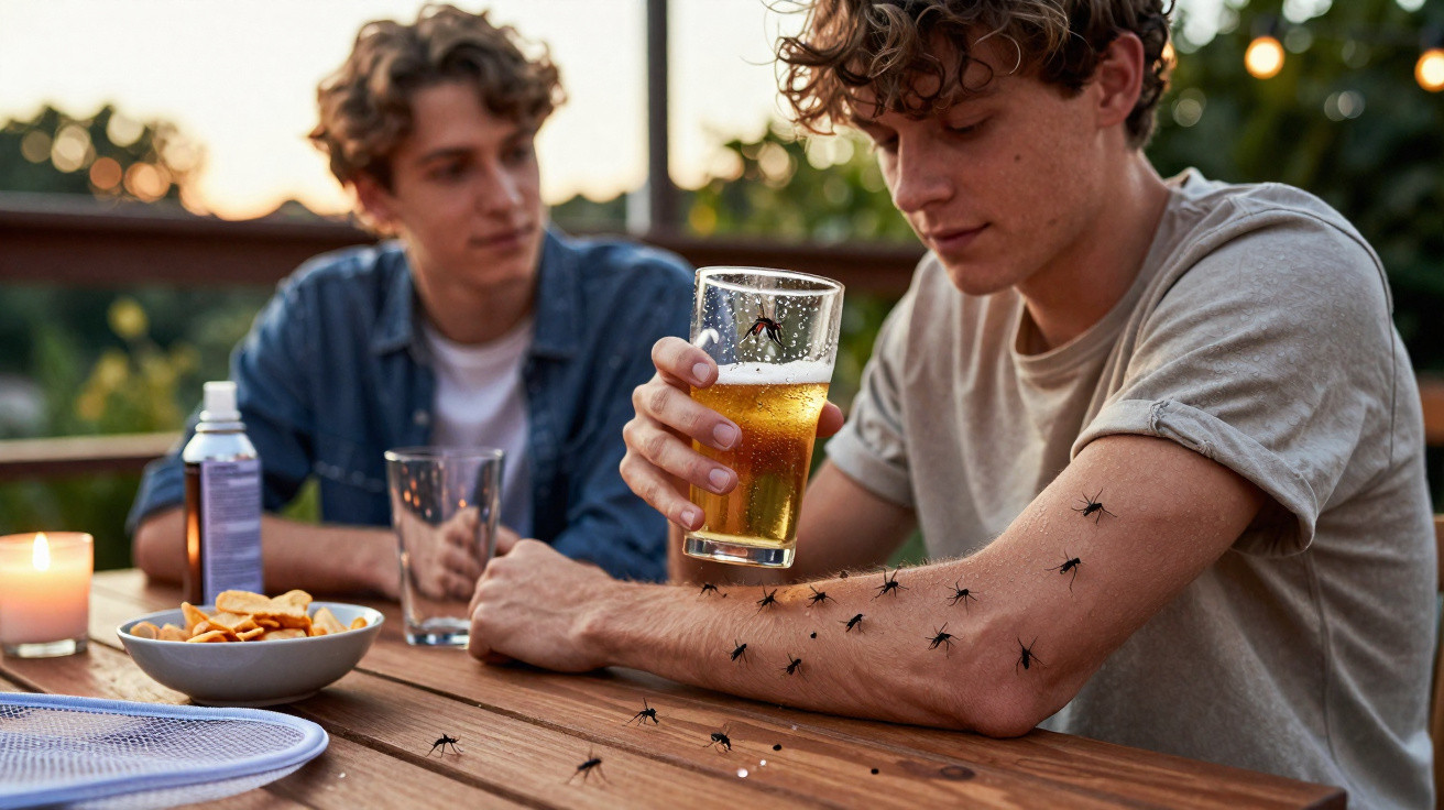 Dois homens estão sentados numa mesa ao ar livre, um deles com vários mosquitos pousados no braço.