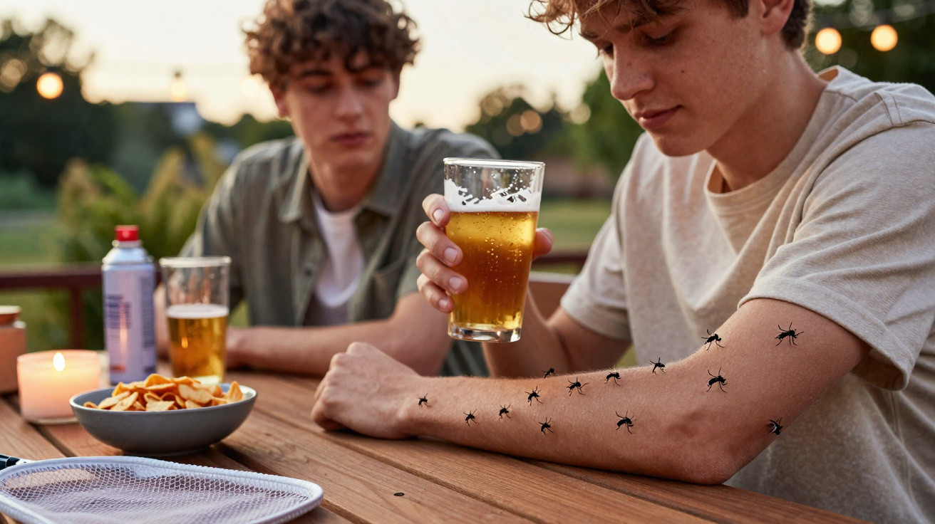 Dois jovens sentados numa mesa ao ar livre, um com vários mosquitos pousados no braço, segurando um copo de cerveja.