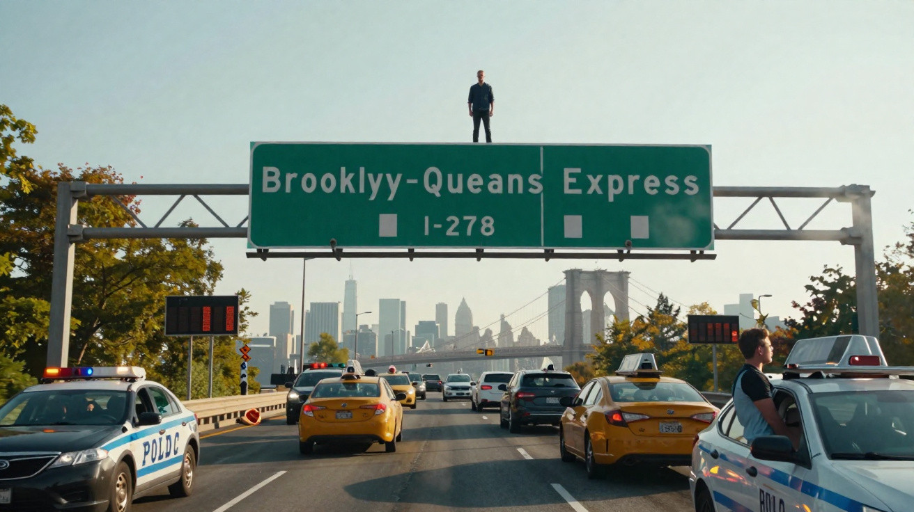 Homem em cima de placa de trânsito na autoestrada Brooklyn-Queens Express com carros e polícia na estrada.