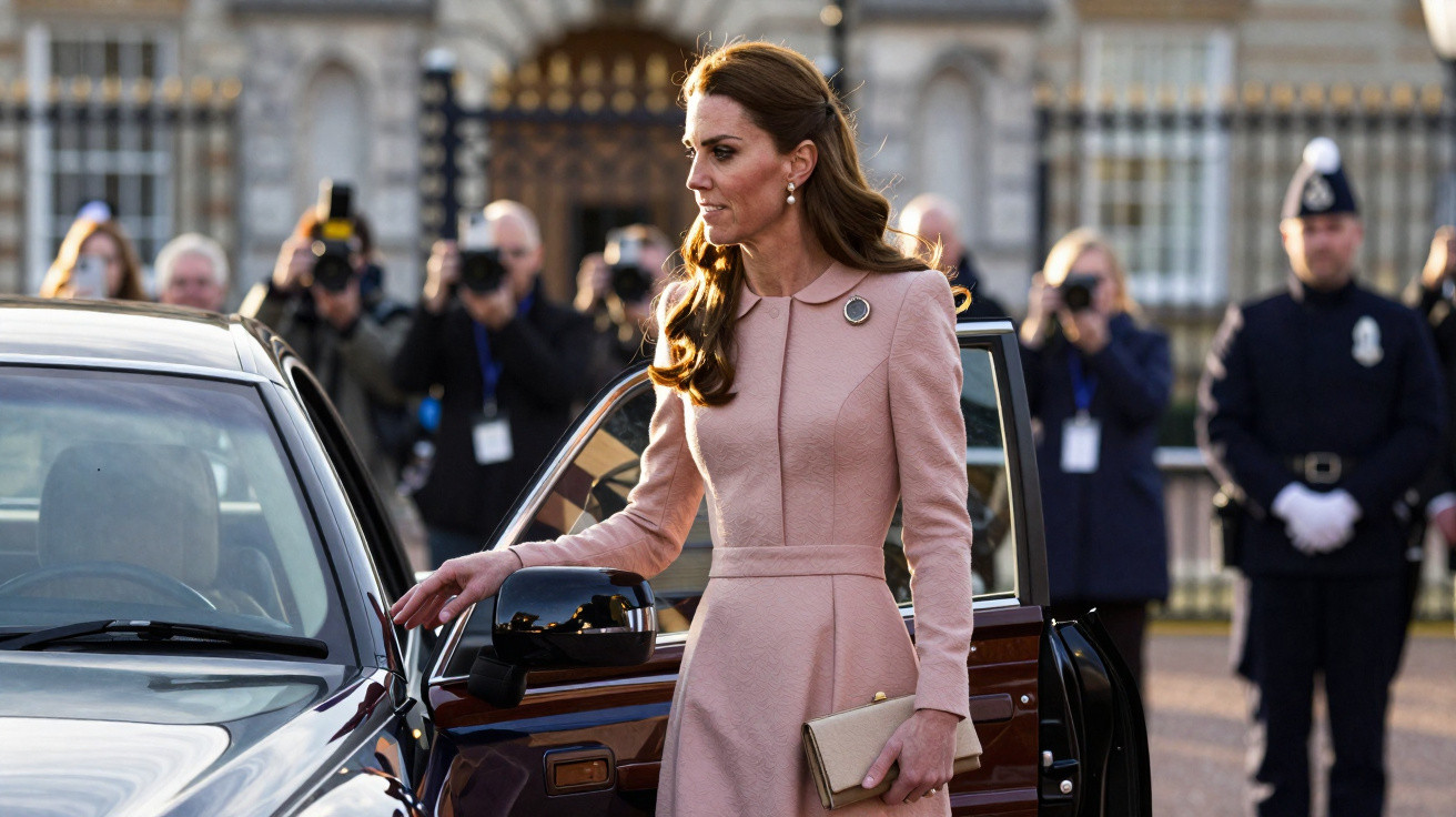 Mulher elegante de vestido rosa claro apoia a mão em carro preto, com fotógrafos e polícia ao fundo.