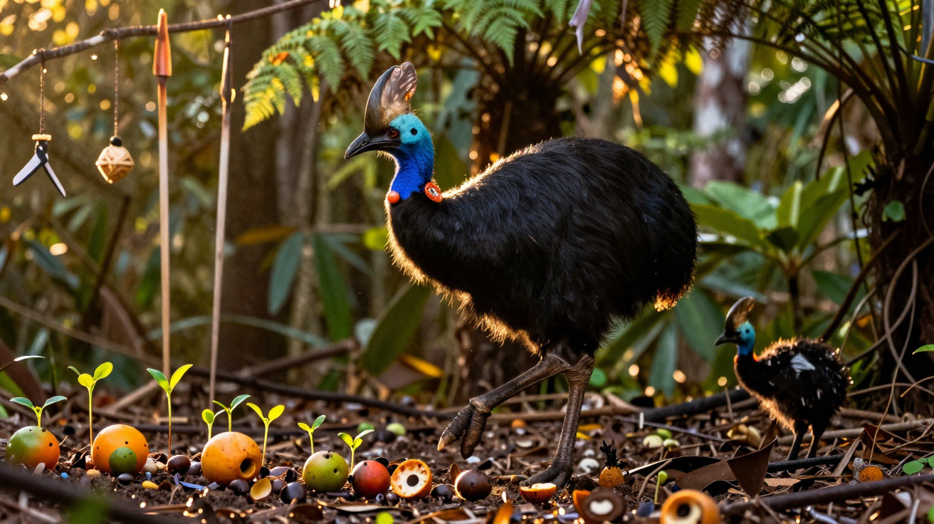 Pavão-do-pacífico adulto e filhote numa floresta com frutos coloridos no chão.