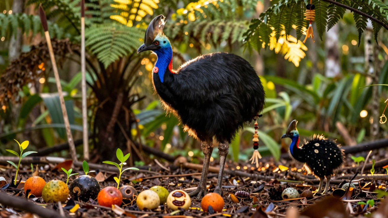 Casuar gigante adulto e filhote num ambiente natural com plantas e ovos coloridos no chão.