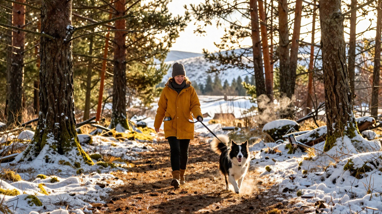 Pessoa com casaco amarelo e gorro a passear com cão preto e branco numa floresta com neve no chão.