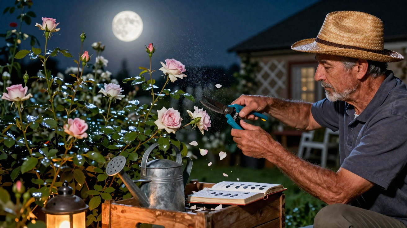 Homem a podar rosas num jardim à noite com lua cheia, regador e livro numa caixa de madeira.