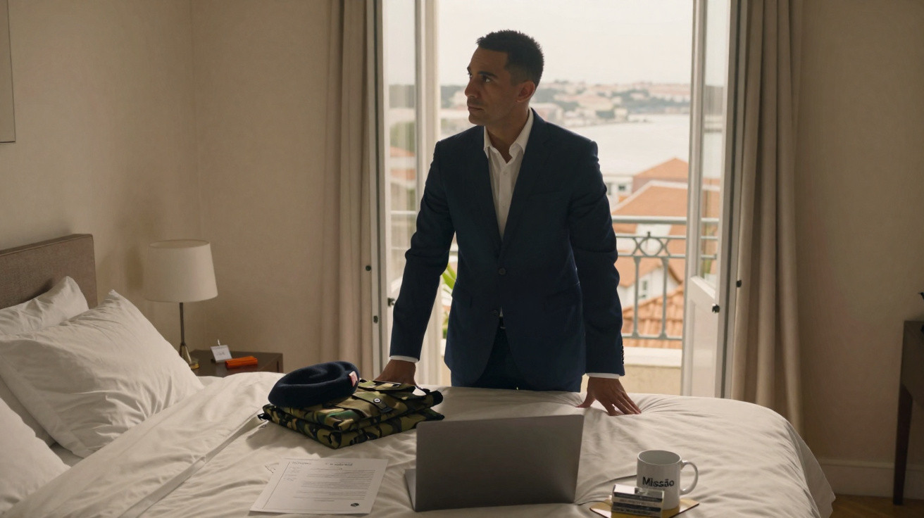 Homem de fato em quarto olhando pela janela com laptop na cama e roupa dobrada ao lado.