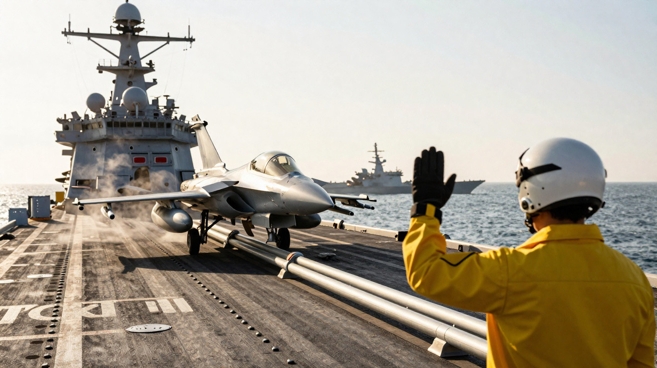 Avião militar a descolar de porta-aviões com oficiante em uniforme amarelo a sinalizar no convés.