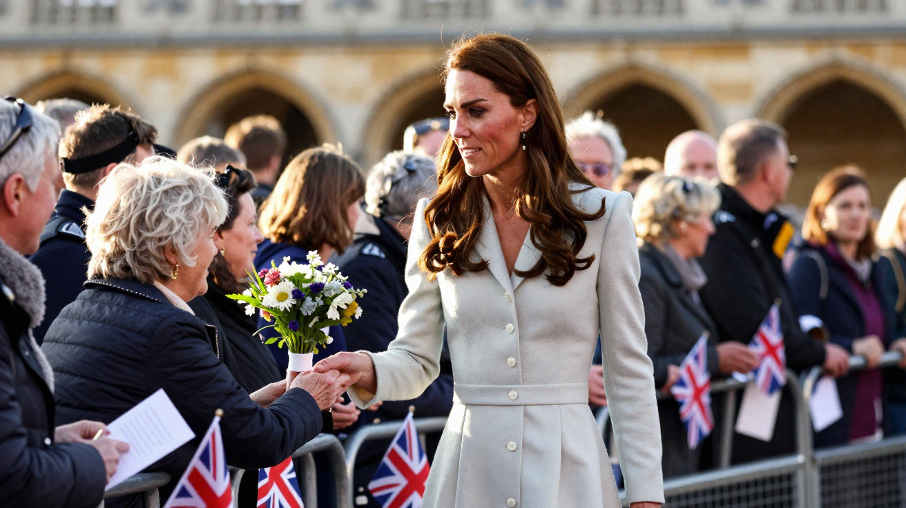 Mulher de casaco claro cumprimenta pessoas numa fila com barreiras, banda britânica e flores à vista.