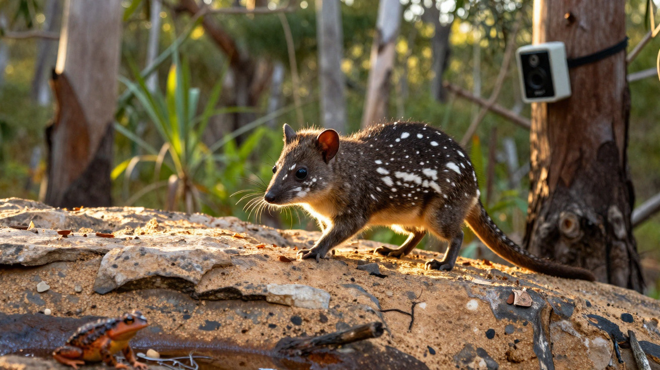 Marsupial manchado a caminhar sobre uma rocha com rã vermelha ao lado e sensor numa árvore ao fundo.