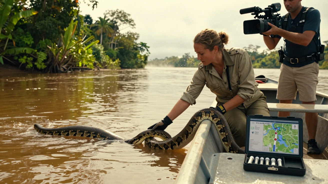 Mulher a segurar uma jiboia gigante numa embarcação num rio, enquanto homem filma a cena.