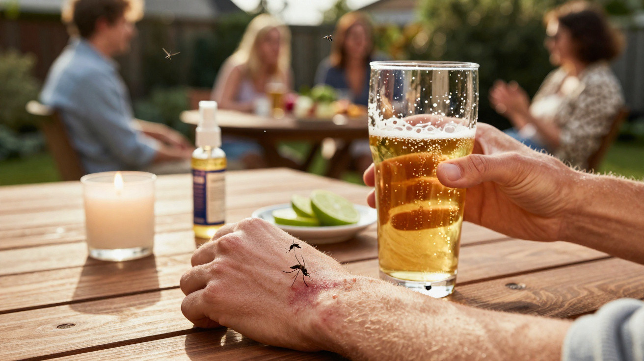 Mão com picada de mosquito e copo de cerveja, com grupo de pessoas ao fundo numa mesa de jardim.