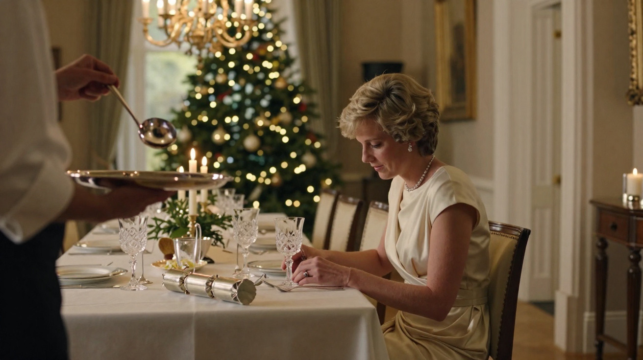 Mulher elegante sentada à mesa de jantar decorada para Natal com árvore iluminada ao fundo.