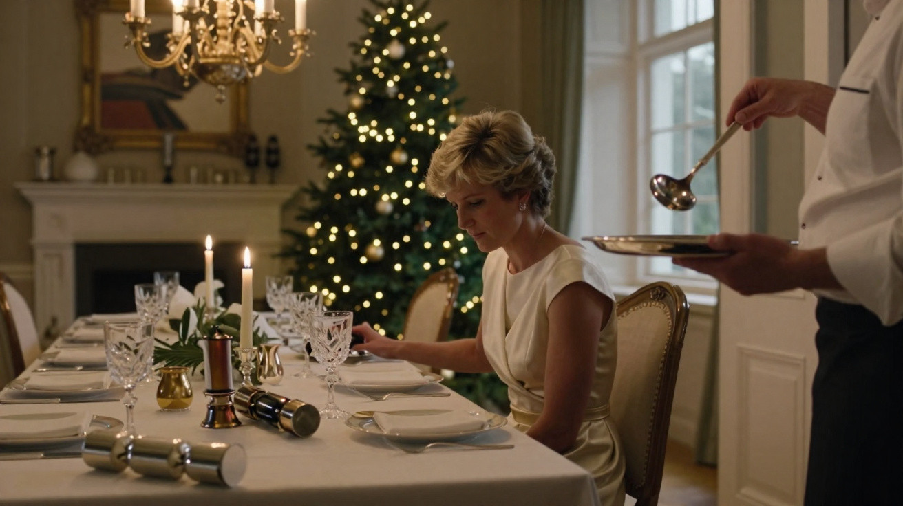 Mulher sentada à mesa de jantar decorada para Natal, com árvore e luzes ao fundo, sendo servida por empregado.
