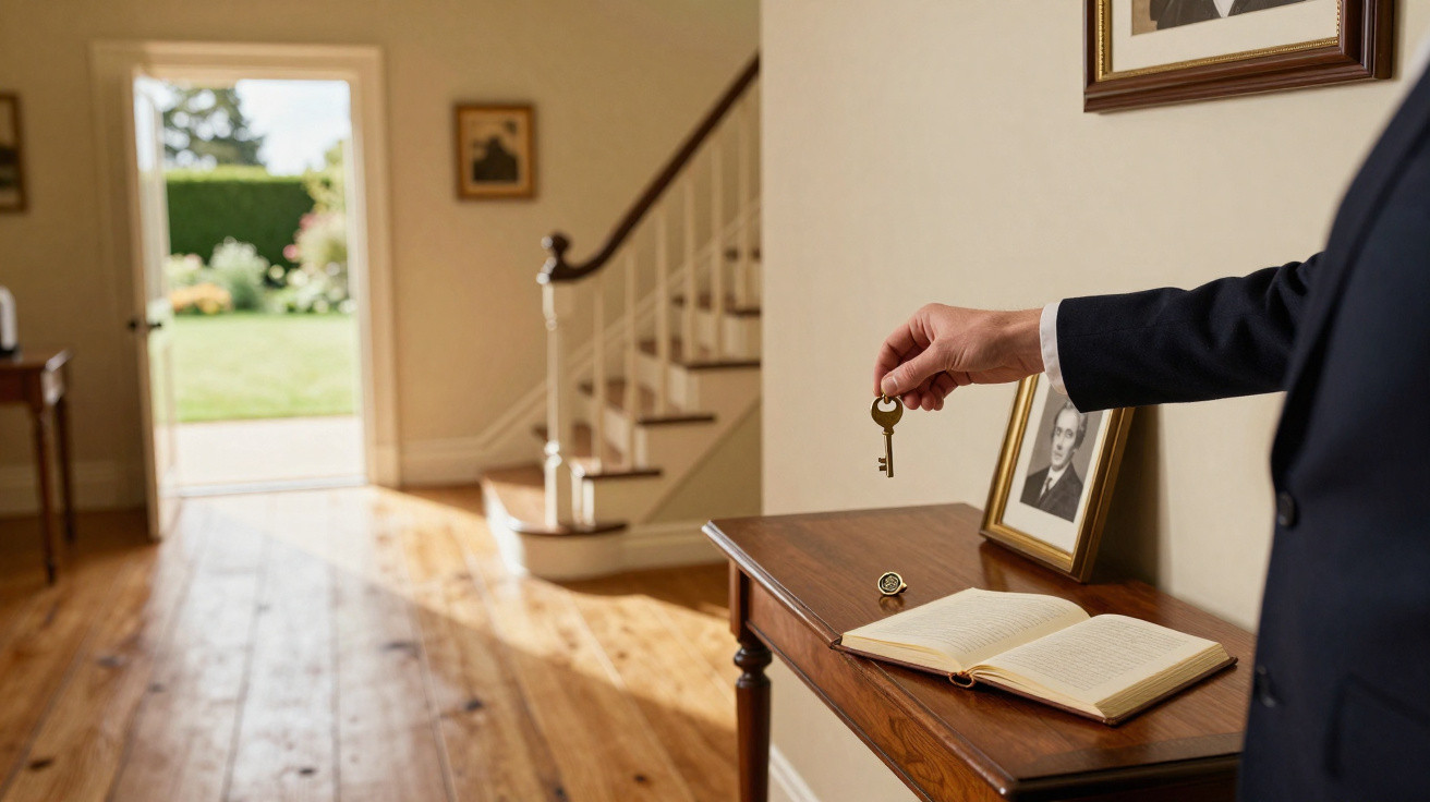 Pessoa a segurar chave perto de uma mesa com livro aberto e moldura, em casa com escadas e porta aberta para jardim.