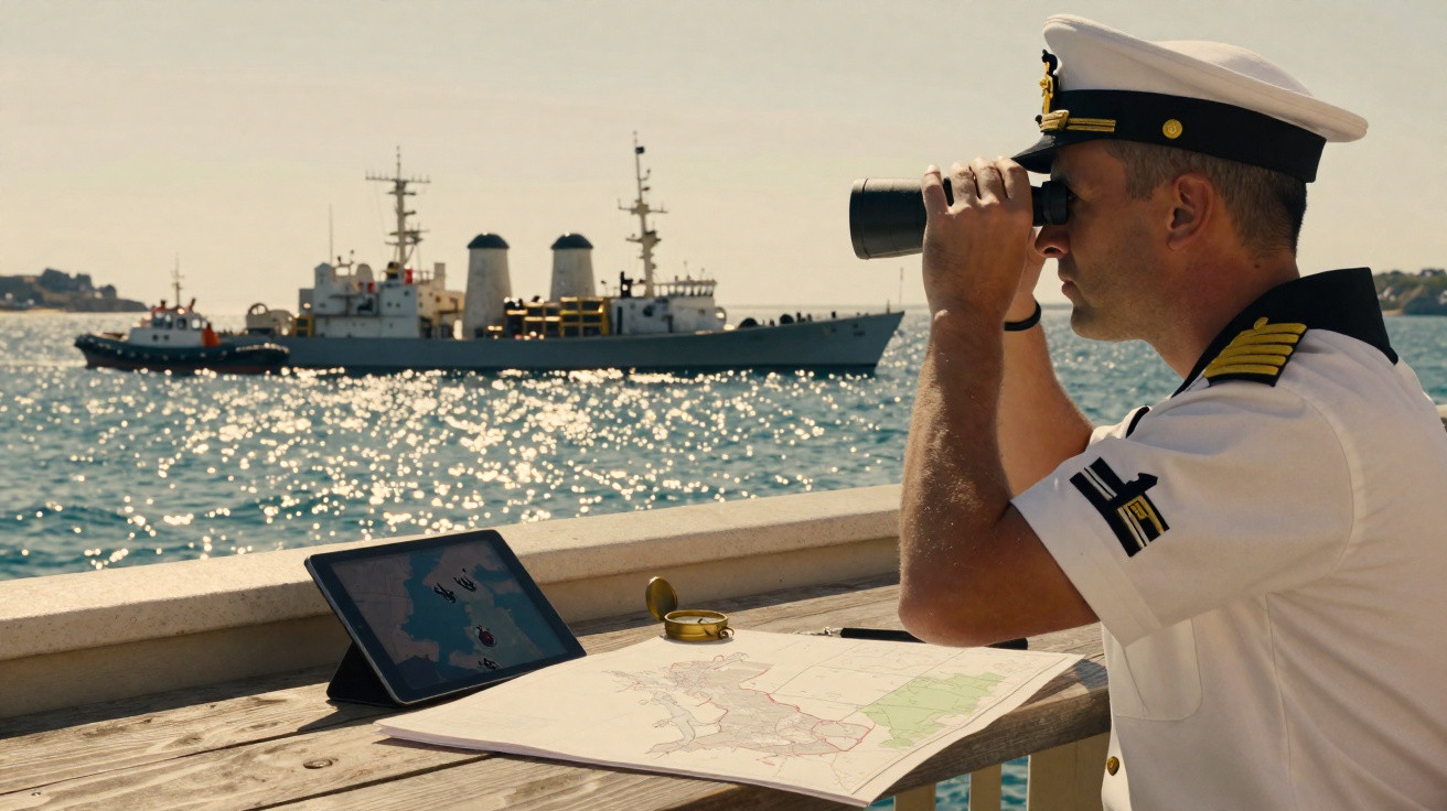 Homem fardado naval observa navio ao longe com binóculos, perto de mapa e tablet numa mesa junto ao mar.