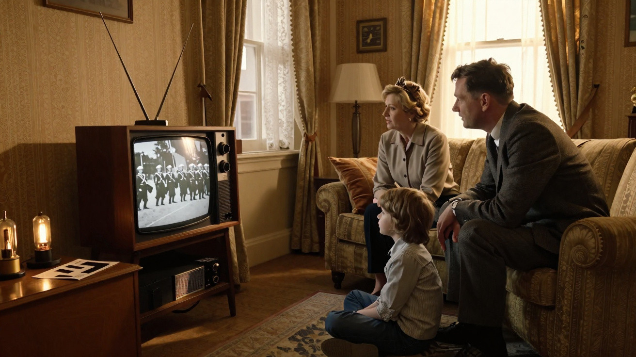 Família de três pessoas sentada na sala a assistir televisão antiga a preto e branco com imagem de soldados.