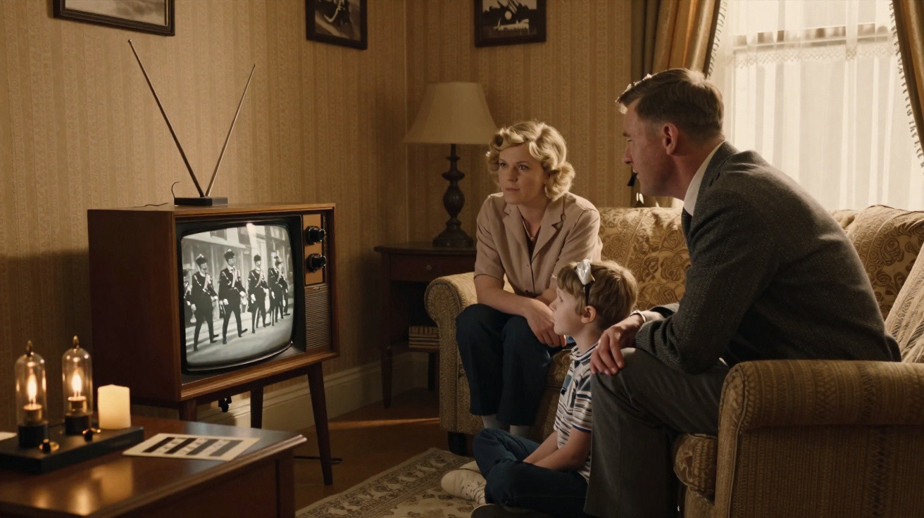 Família sentada sala antiga a ver televisão em preto e branco com desfile militar na tela.