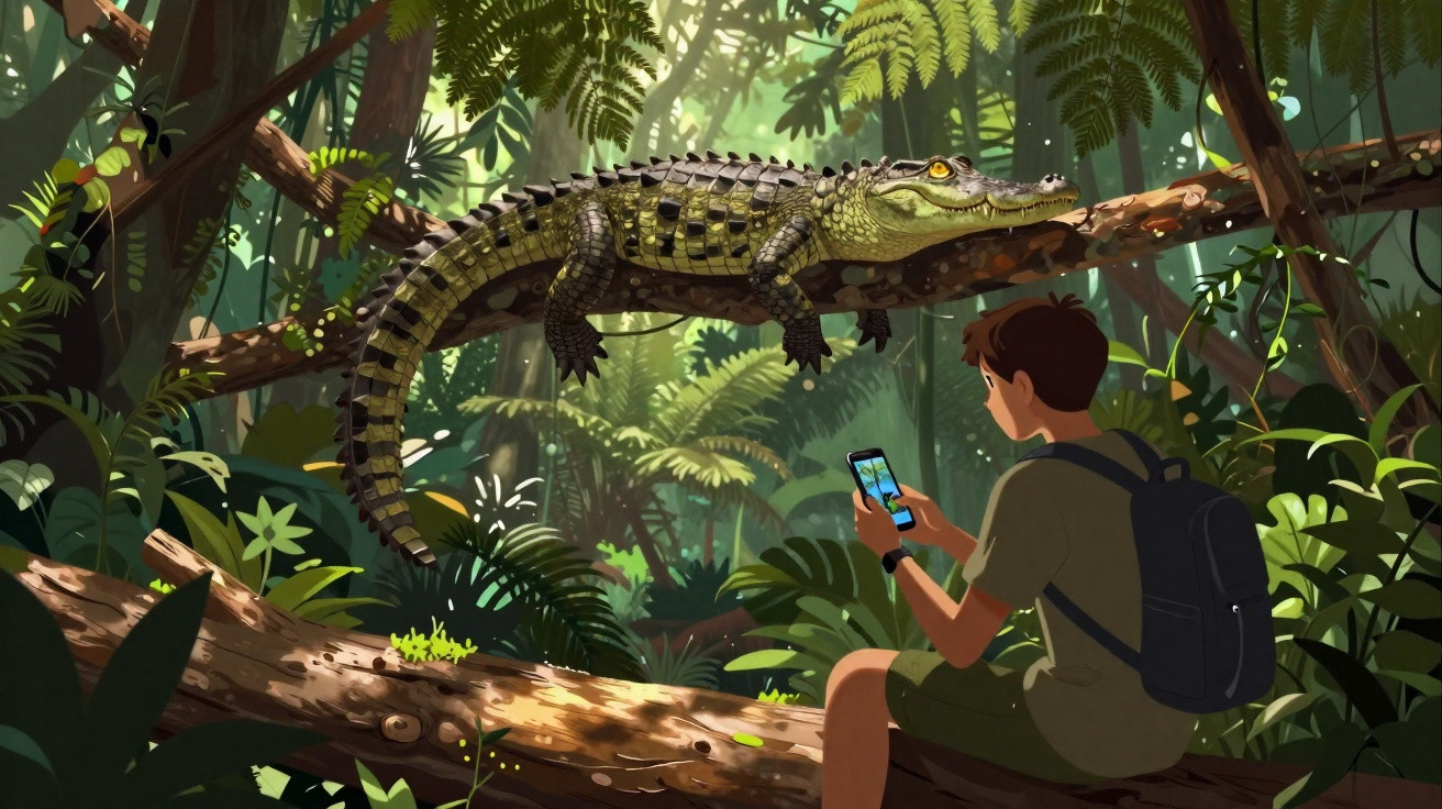 Jovem sentado na floresta a olhar para o telemóvel, com um crocodilo suspenso numa árvore atrás dele.