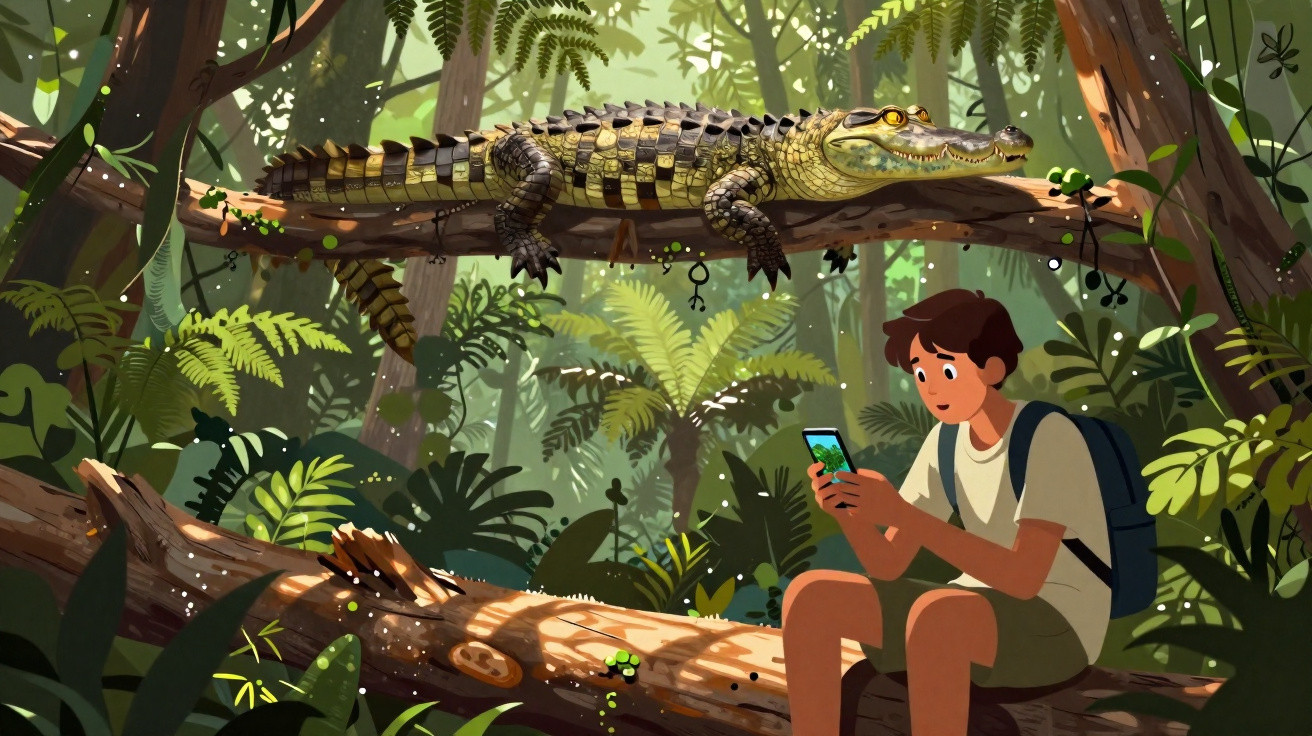 Rapaz sentado na floresta observa o telemóvel enquanto um crocodilo está suspenso entre as árvores.
