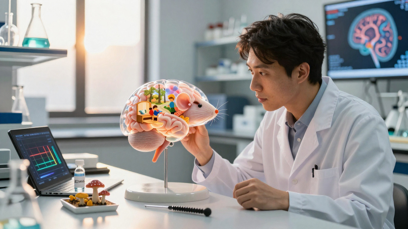 Cientista em laboratório a estudar modelo translúcido de cérebro em forma de rato com elementos ilustrativos.