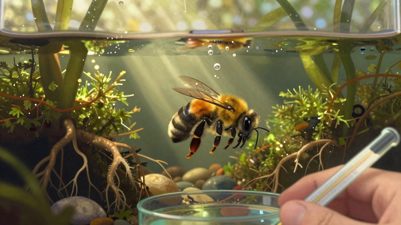 Abelha submersa em água com plantas e raízes, luz solar e mão segurando termómetro próximo.