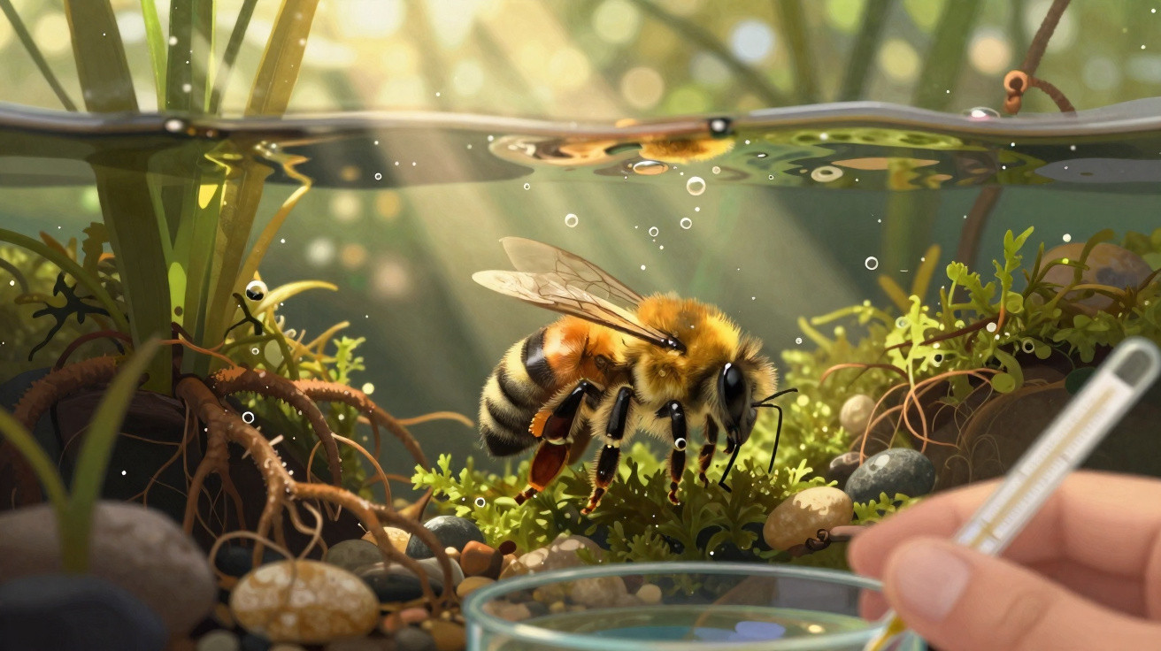 Abelha submersa em tanque de água rodeada por plantas aquáticas, com mão segurando termómetro próximo.