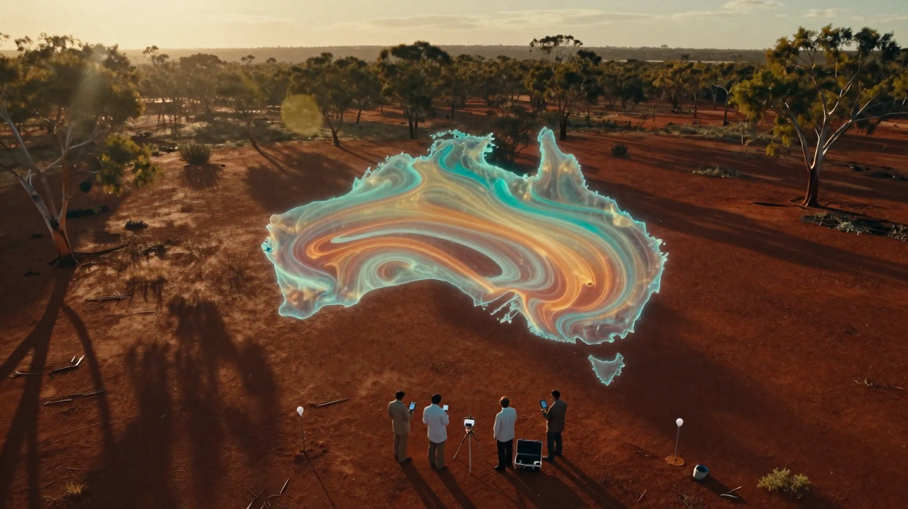 Quatro pessoas observam projeção holográfica colorida com contornos da Austrália numa paisagem seca com árvores.
