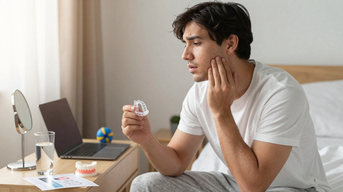 Homem sentado na cama a segurar um alinhador dentário e tocar na face, aparentando dor ou desconforto.