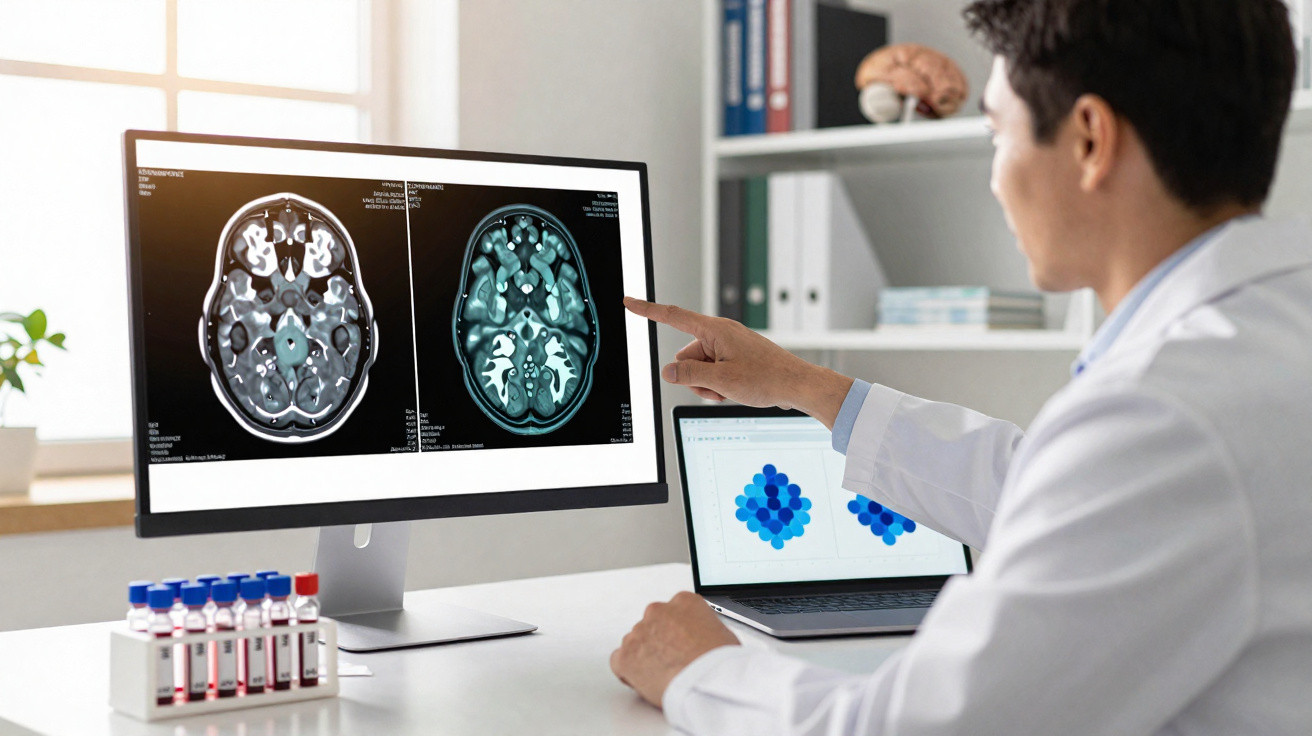 Médico a analisar imagens de ressonância magnética do cérebro num ecrã de computador num consultório.