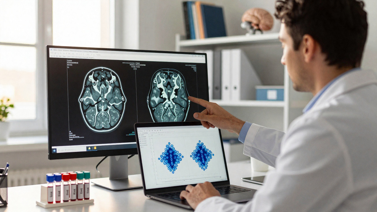 Médico em consultório analisa imagens de ressonância magnética do cérebro num ecrã de computador.