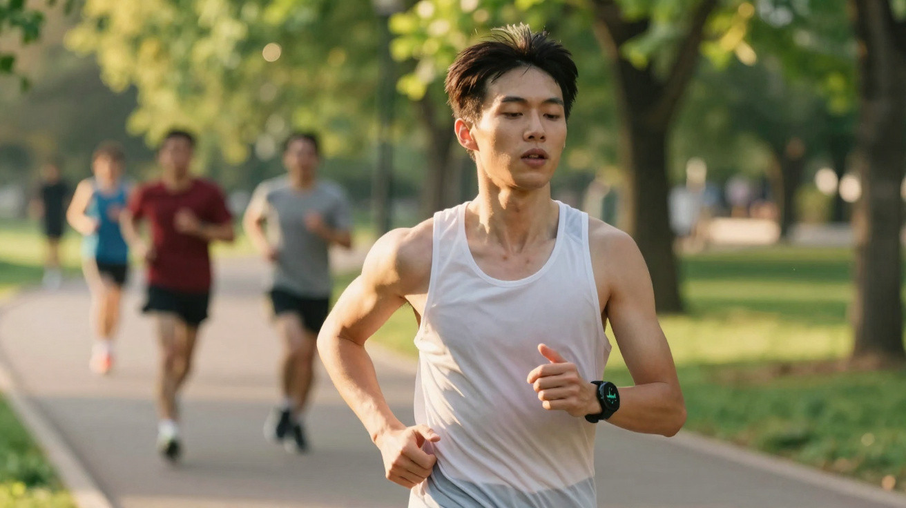 Homem a correr numa alameda do parque com três pessoas a correr ao fundo, entre árvores.
