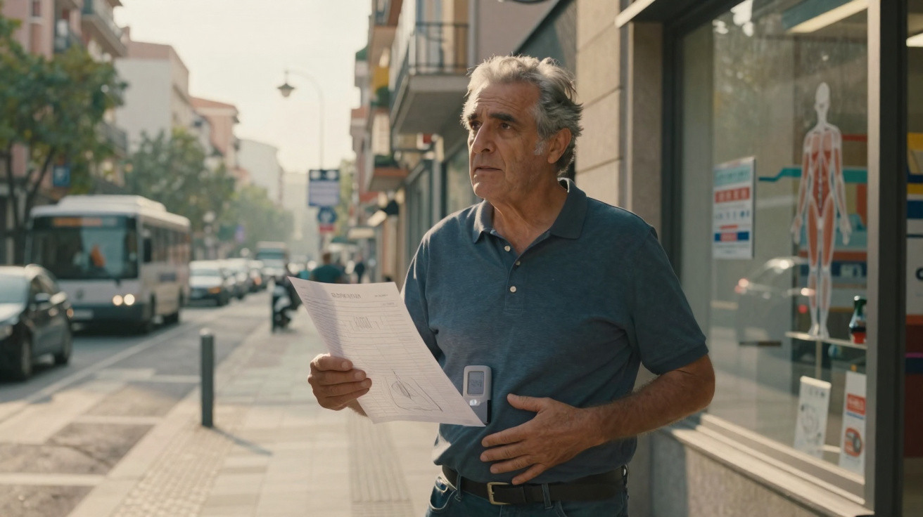 Homem idoso de polo azul a olhar para o lado segurando um papel numa rua urbana movimentada.