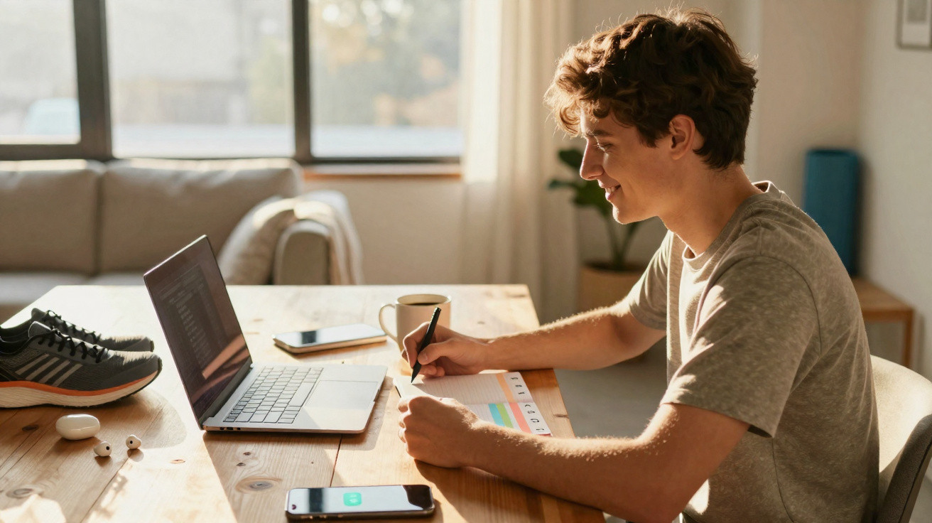 Jovem a estudar e fazer anotações numa folha enquanto usa um computador portátil numa mesa em casa.