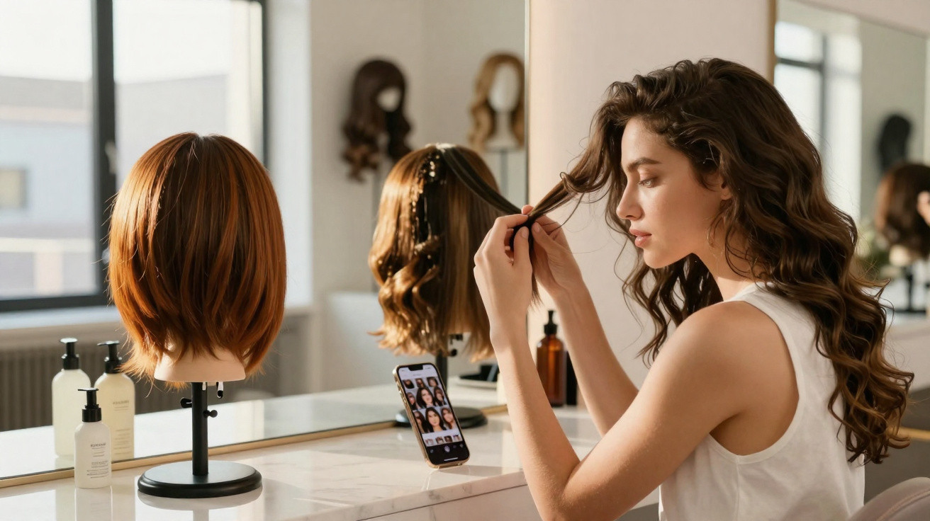 Mulher a experimentar penteado com cabelo ondulado em frente a espelho e manequins com perucas.