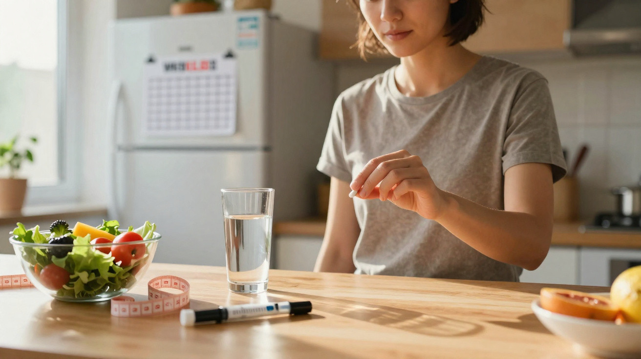 Mulher a tomar suplemento com copo de água, salada e fita métrica numa cozinha luminosa.