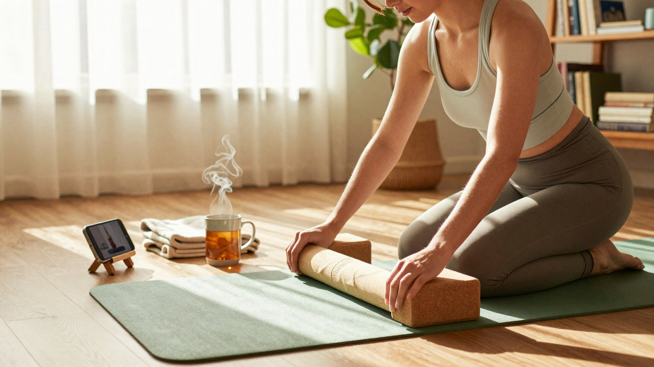 Mulher prepara tapete e bloco de yoga para prática junto a chá quente e dispositivo com vídeo.
