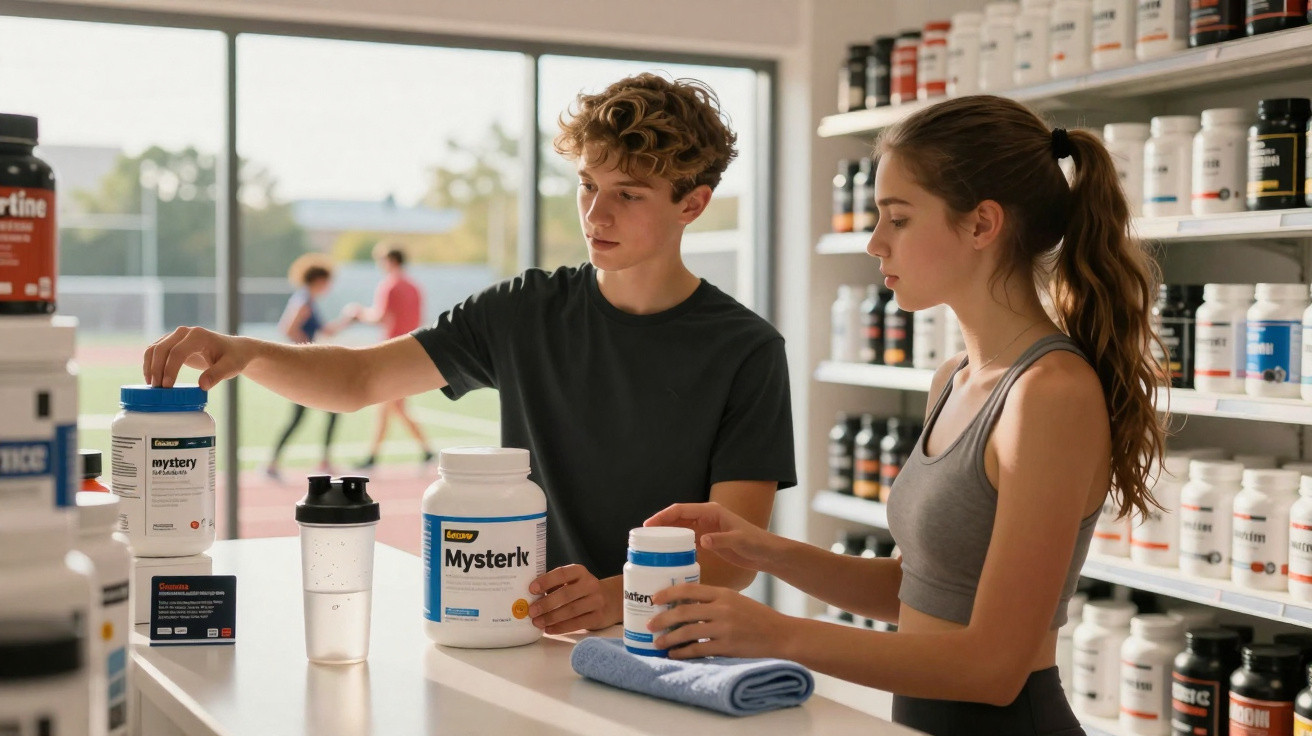 Jovem e jovem mulher escolhem suplementos nutricionais numa loja de produtos desportivos.