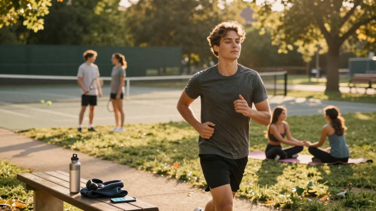 Jovem a correr num parque com pessoas a conversar, praticar ioga e jogar ténis ao fundo.