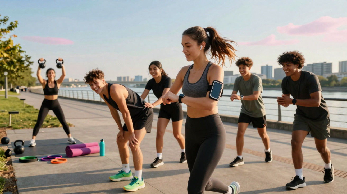 Grupo de jovens a fazer exercício ao ar livre junto a um rio num dia com céu limpo.